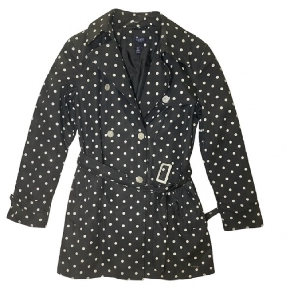 Chaps Polka Dot Trench Coat Belted Black White Double Breasted Size L Chic